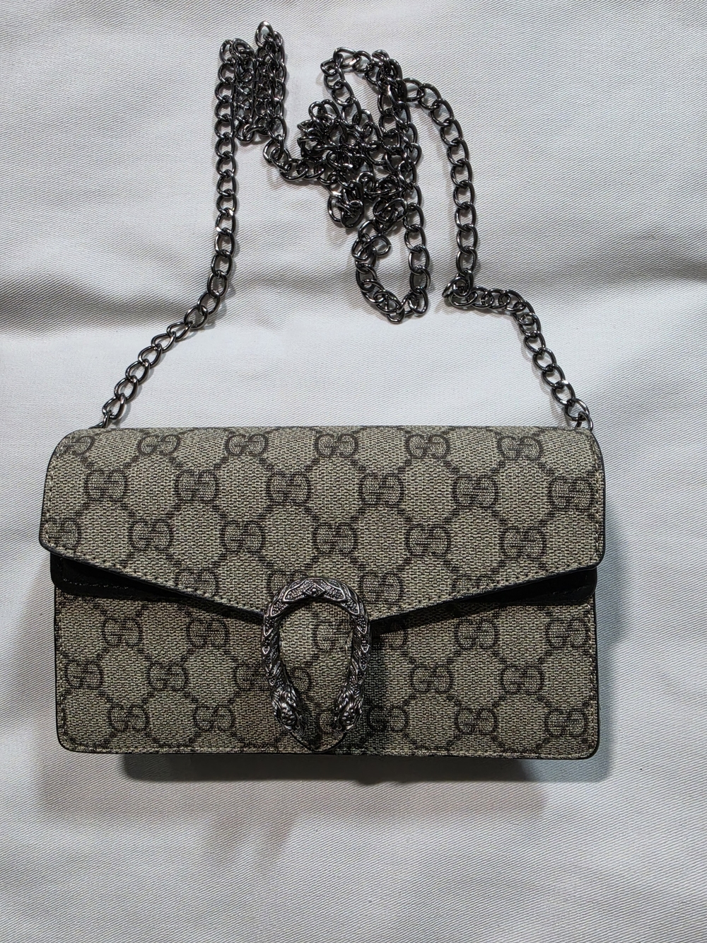 Beige Mini Crossbody with Silver Chain and Black Trim